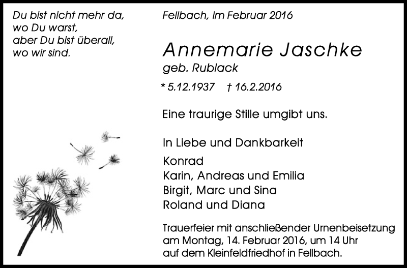  Traueranzeige für Annemarie Jaschke vom 03.03.2016 aus Stuttgarter Zeitung