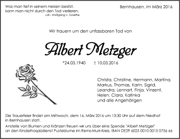 Traueranzeige von Albert Metzger von Stuttgarter Zeitung / Stuttgarter Nachrichten