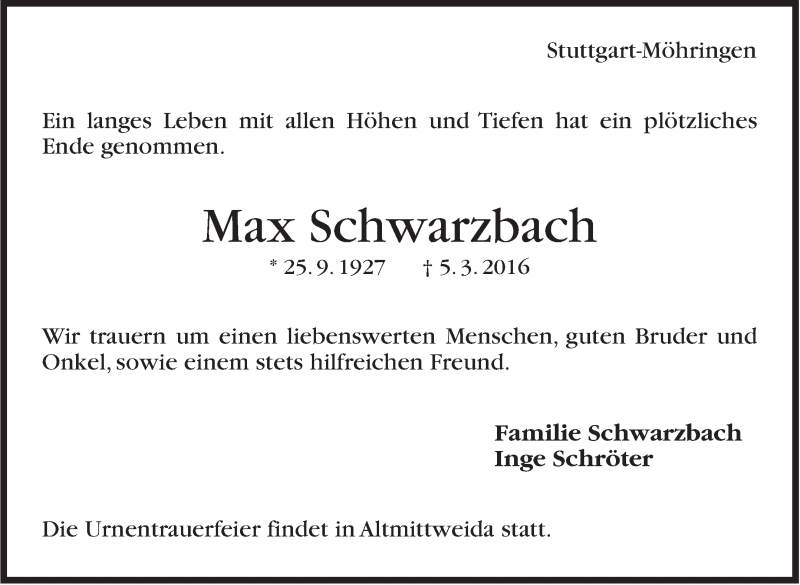  Traueranzeige für Max Schwarzbach vom 12.03.2016 aus Stuttgarter Zeitung / Stuttgarter Nachrichten