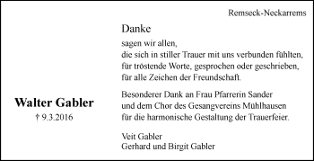 Traueranzeige von Walter Gabler von Stuttgarter Zeitung / Stuttgarter Nachrichten