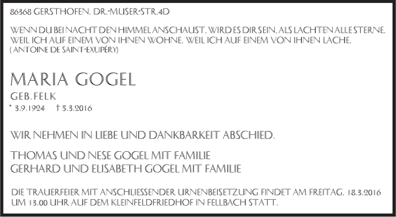  Traueranzeige für Maria Gogel vom 14.03.2016 aus Stuttgarter Zeitung / Stuttgarter Nachrichten