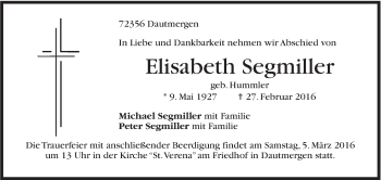 Traueranzeige von Elisabeth Segmiller von Stuttgarter Zeitung / Stuttgarter Nachrichten