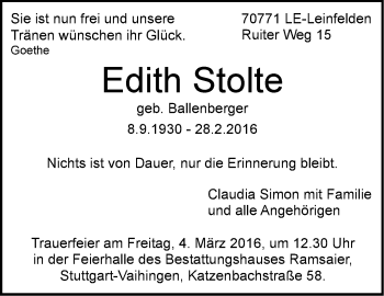 Traueranzeige von Edith Stolte von Stuttgarter Zeitung / Stuttgarter Nachrichten