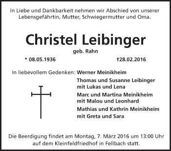 Traueranzeige von Christel Leibinger von Stuttgarter Zeitung / Stuttgarter Nachrichten