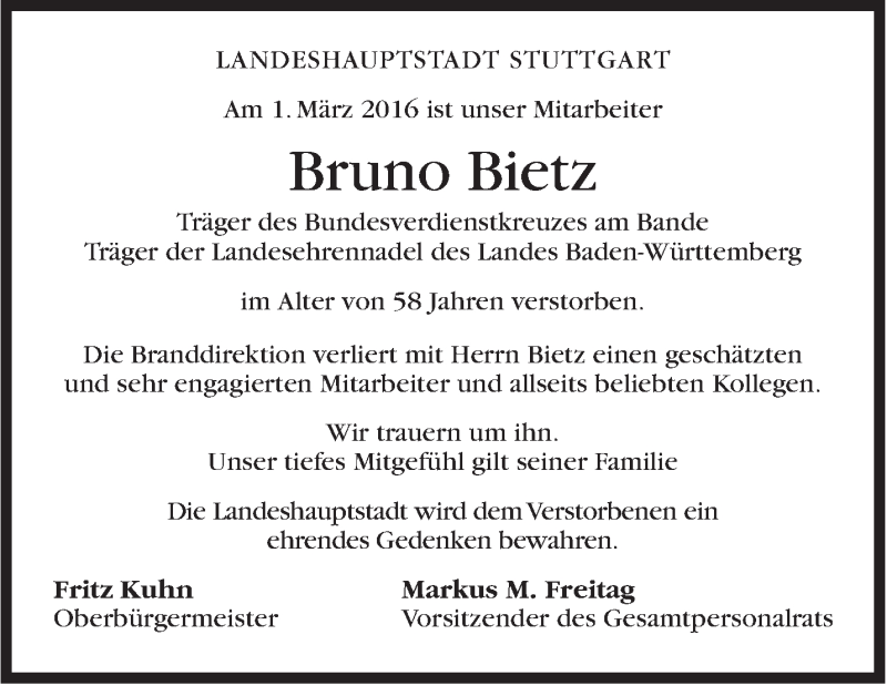  Traueranzeige für Bruno Bietz vom 07.03.2016 aus Stuttgarter Zeitung / Stuttgarter Nachrichten