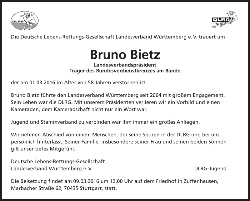  Traueranzeige für Bruno Bietz vom 04.03.2016 aus Stuttgarter Zeitung / Stuttgarter Nachrichten