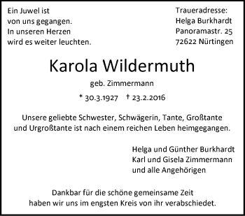 Traueranzeige von Karola Wildermuth von Stuttgarter Zeitung / Stuttgarter Nachrichten