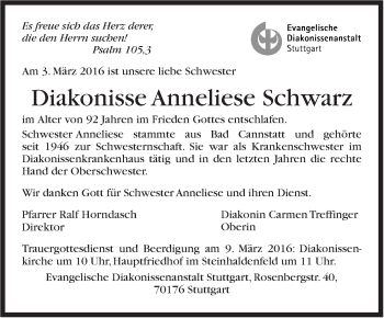 Traueranzeige von Anneliese Schwarz von Stuttgarter Zeitung / Stuttgarter Nachrichten