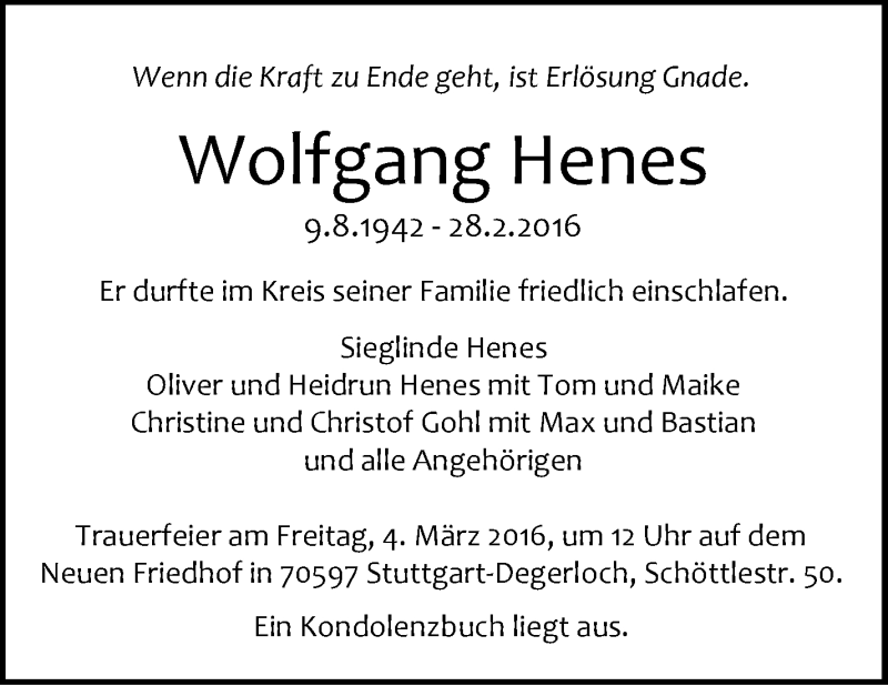  Traueranzeige für Wolfgang Henes vom 02.03.2016 aus Stuttgarter Zeitung / Stuttgarter Nachrichten