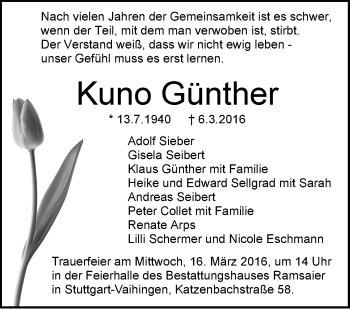 Traueranzeige von Kuno Günther von Stuttgarter Zeitung / Stuttgarter Nachrichten