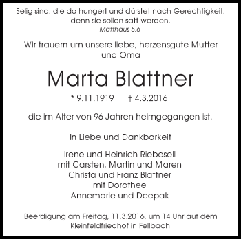 Traueranzeige von Marta Blattner von Stuttgarter Zeitung / Stuttgarter Nachrichten
