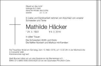 Traueranzeige von Mathilde Häcker von Stuttgarter Zeitung / Stuttgarter Nachrichten