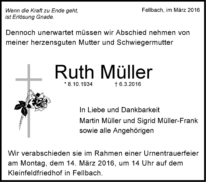  Traueranzeige für Ruth Müller vom 10.03.2016 aus Stuttgarter Zeitung / Stuttgarter Nachrichten