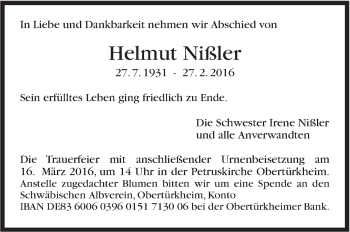 Traueranzeige von Helmut Nißler von Stuttgarter Zeitung / Stuttgarter Nachrichten