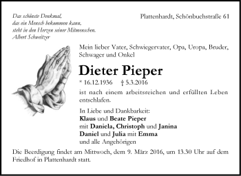 Traueranzeige von Dieter Pieper von Stuttgarter Zeitung / Stuttgarter Nachrichten