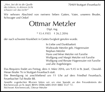 Traueranzeige von Ottmar Metzler von Stuttgarter Zeitung / Stuttgarter Nachrichten