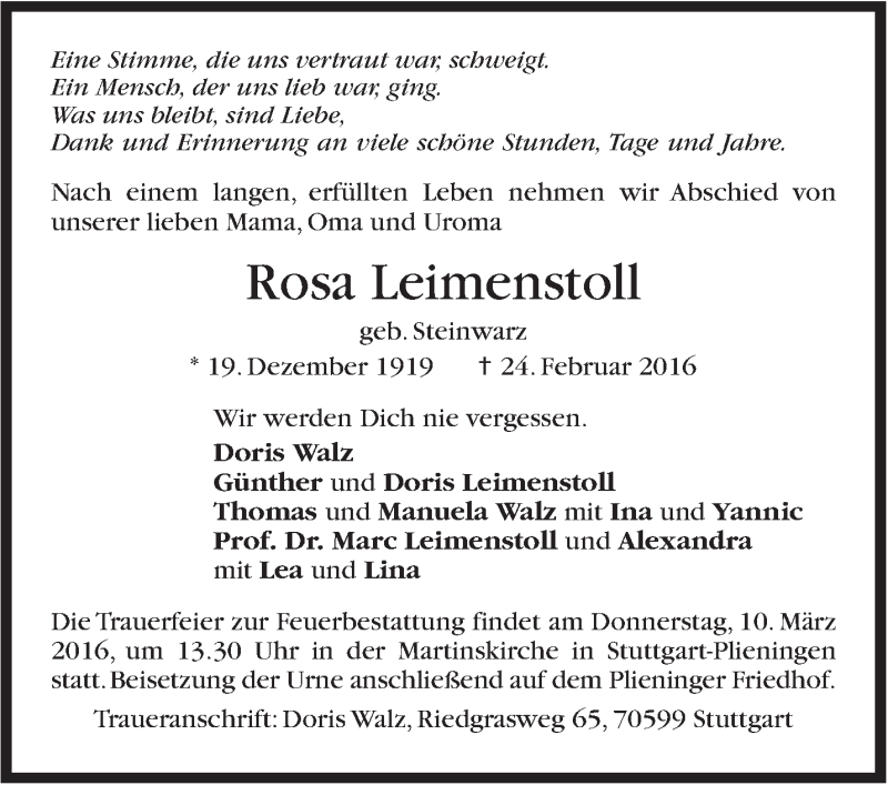  Traueranzeige für Rosa Leimenstoll vom 05.03.2016 aus Stuttgarter Zeitung / Stuttgarter Nachrichten