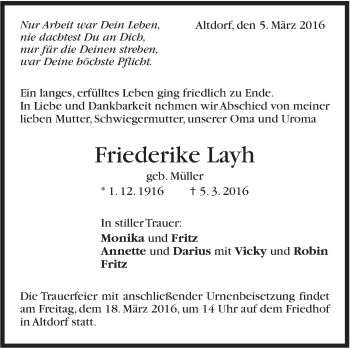 Traueranzeige von Friederike Layh von Stuttgarter Zeitung / Stuttgarter Nachrichten