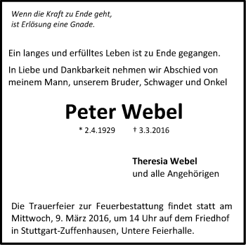Traueranzeige von Peter Webel von Stuttgarter Zeitung / Stuttgarter Nachrichten