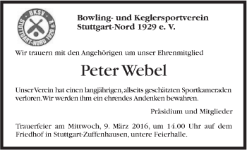 Traueranzeige von Peter Webel von Stuttgarter Zeitung / Stuttgarter Nachrichten