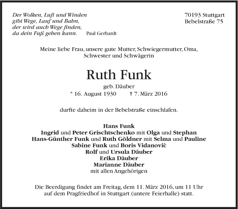  Traueranzeige für Ruth Funk vom 10.03.2016 aus Stuttgarter Zeitung / Stuttgarter Nachrichten