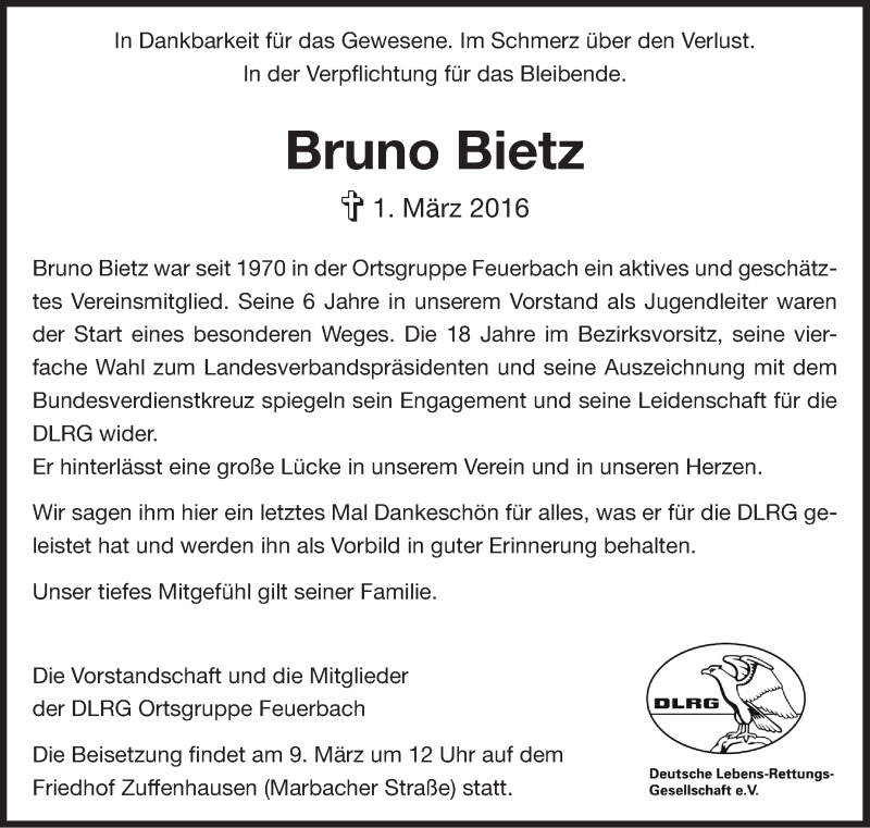  Traueranzeige für Bruno Bietz vom 04.03.2016 aus Stuttgarter Zeitung / Stuttgarter Nachrichten