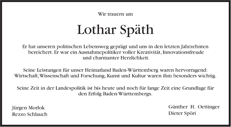  Traueranzeige für Lothar Späth vom 26.03.2016 aus Stuttgarter Zeitung / Stuttgarter Nachrichten