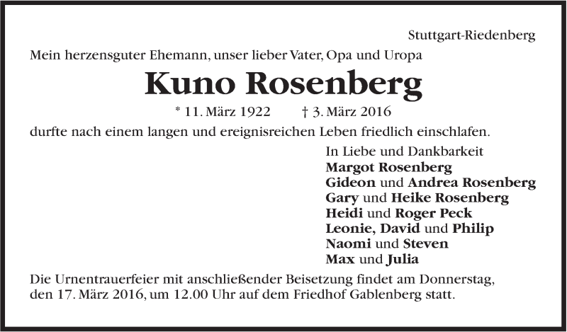 Traueranzeige für Kuno Rosenberg vom 14.03.2016 aus Stuttgarter Zeitung / Stuttgarter Nachrichten