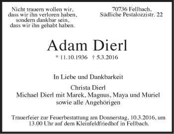 Traueranzeige von Adam Dierl von Stuttgarter Zeitung / Stuttgarter Nachrichten