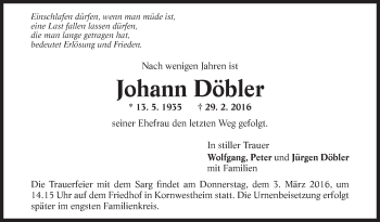 Traueranzeige von Johann Döbler von Stuttgarter Zeitung / Stuttgarter Nachrichten