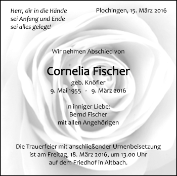 Traueranzeige von Cornelia Fischer von Stuttgarter Zeitung / Stuttgarter Nachrichten