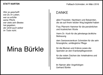 Traueranzeige von Mina Bürkle von Stuttgarter Zeitung / Stuttgarter Nachrichten