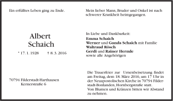Traueranzeige von Albert Schaich von Stuttgarter Zeitung / Stuttgarter Nachrichten