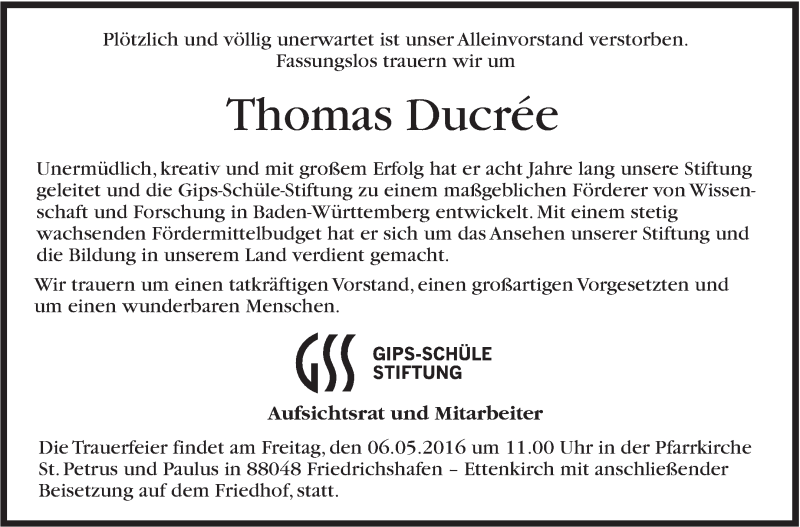  Traueranzeige für Thomas Ducrée vom 30.04.2016 aus Stuttgarter Zeitung / Stuttgarter Nachrichten
