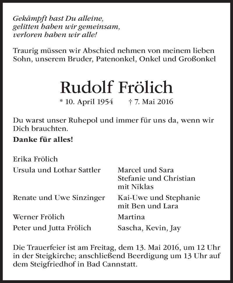  Traueranzeige für Rudolf Frölich vom 10.05.2016 aus Stuttgarter Zeitung / Stuttgarter Nachrichten