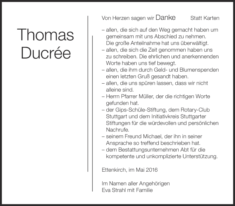  Traueranzeige für Thomas Ducrée vom 14.05.2016 aus Stuttgarter Zeitung / Stuttgarter Nachrichten
