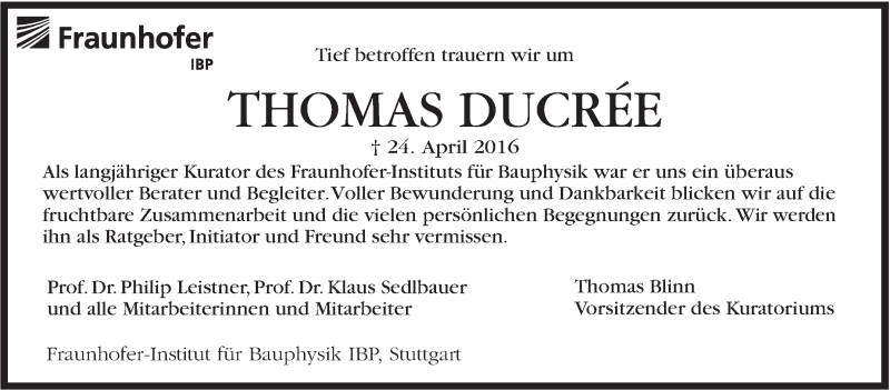 Traueranzeige für Thomas Ducrée vom 14.05.2016 aus Stuttgarter Zeitung / Stuttgarter Nachrichten
