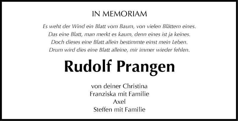  Traueranzeige für Rudolf Prangen vom 18.05.2016 aus Stuttgarter Zeitung / Stuttgarter Nachrichten