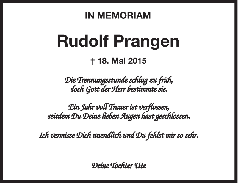  Traueranzeige für Rudolf Prangen vom 18.05.2016 aus Stuttgarter Zeitung / Stuttgarter Nachrichten