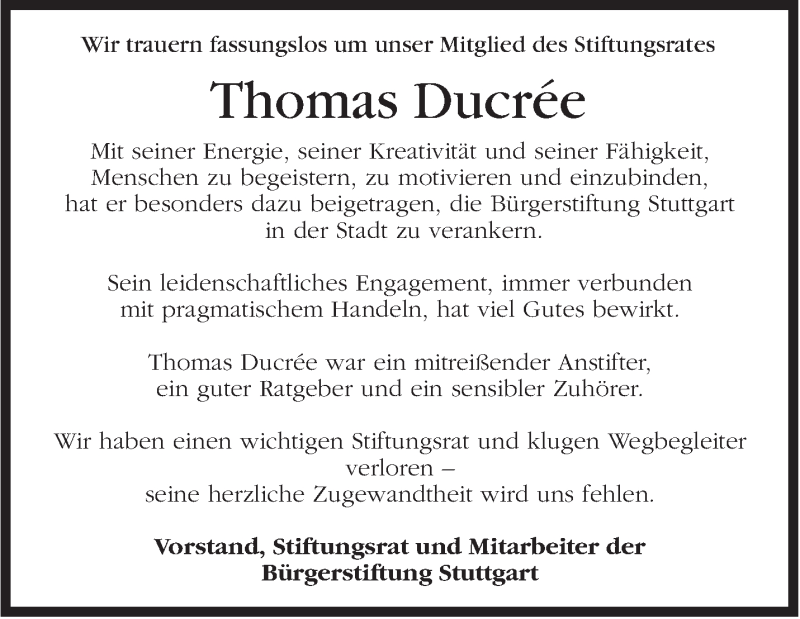  Traueranzeige für Thomas Ducrée vom 03.05.2016 aus Stuttgarter Zeitung / Stuttgarter Nachrichten