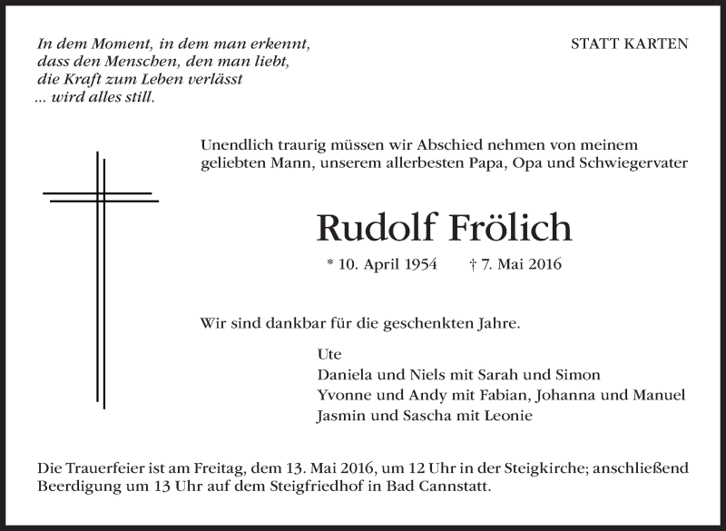  Traueranzeige für Rudolf Frölich vom 10.05.2016 aus Stuttgarter Zeitung / Stuttgarter Nachrichten
