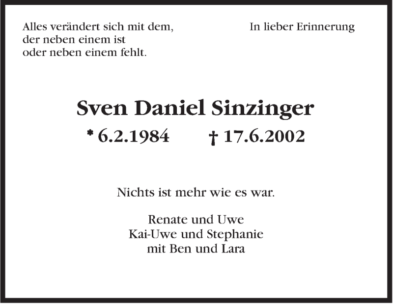  Traueranzeige für Sven Daniel Sinzinger vom 17.06.2016 aus Stuttgarter Zeitung / Stuttgarter Nachrichten