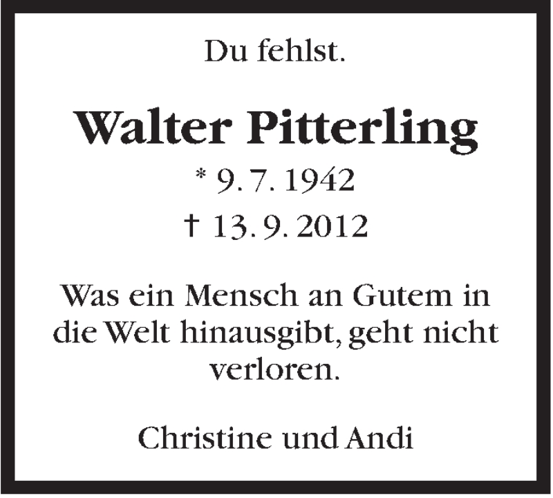  Traueranzeige für Walter Pitterling vom 09.07.2016 aus Stuttgarter Zeitung / Stuttgarter Nachrichten