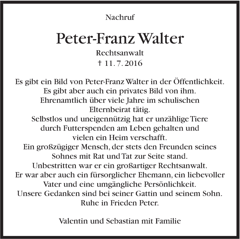  Traueranzeige für Peter-Franz Walter vom 16.07.2016 aus Stuttgarter Zeitung / Stuttgarter Nachrichten