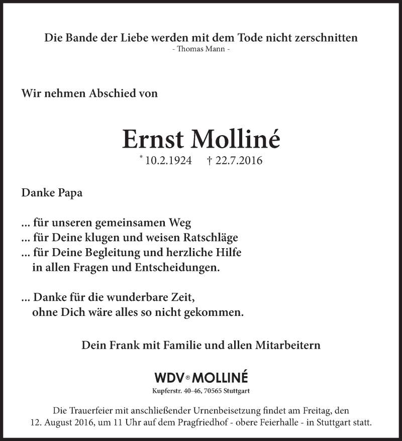  Traueranzeige für Ernst Molliné vom 30.07.2016 aus Stuttgarter Zeitung / Stuttgarter Nachrichten