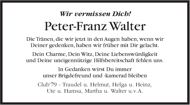  Traueranzeige für Peter-Franz Walter vom 23.07.2016 aus Stuttgarter Zeitung / Stuttgarter Nachrichten