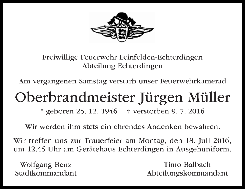  Traueranzeige für Jürgen Müller vom 15.07.2016 aus Stuttgarter Zeitung / Stuttgarter Nachrichten