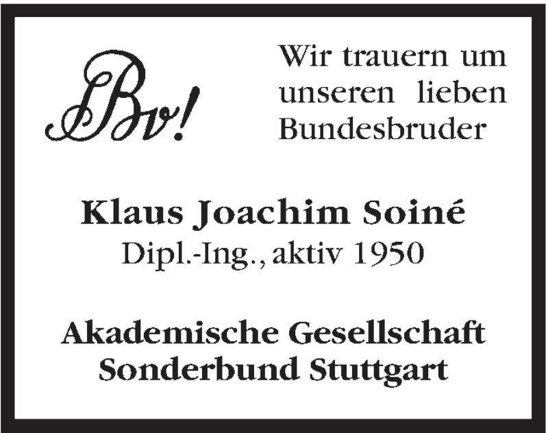  Traueranzeige für Klaus Joachim Soiné vom 09.07.2016 aus Stuttgarter Zeitung / Stuttgarter Nachrichten