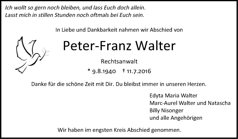  Traueranzeige für Peter-Franz Walter vom 23.07.2016 aus Stuttgarter Zeitung / Stuttgarter Nachrichten