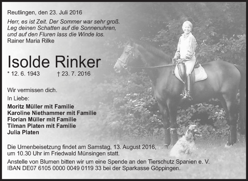  Traueranzeige für Isolde Rinker vom 06.08.2016 aus Stuttgarter Zeitung / Stuttgarter Nachrichten